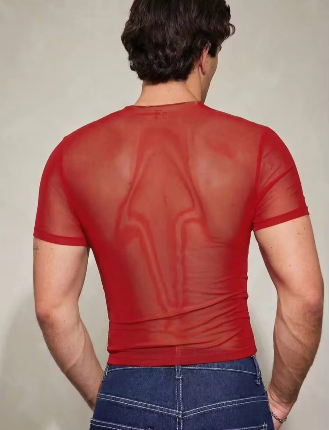 Men's Red Sheer Mesh Short Sleeve Muscle Fit Ruched T-Shirt